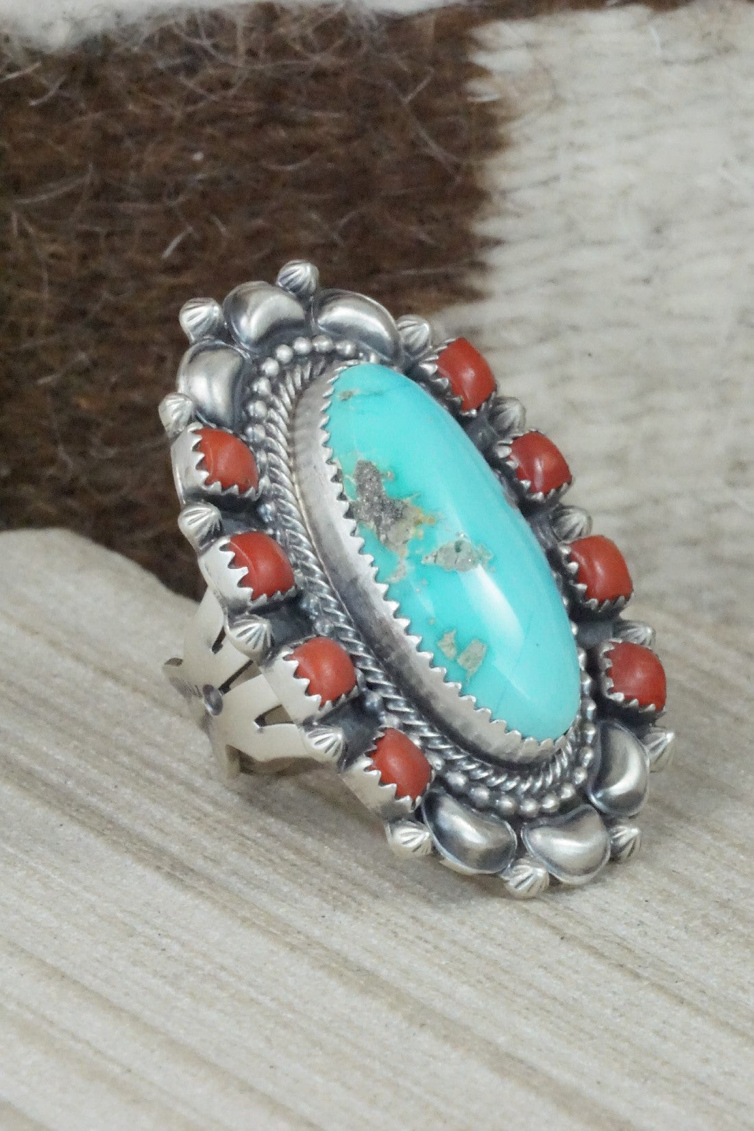 Turquoise, Coral & Sterling Silver Ring - Tom Lewis - Size 6