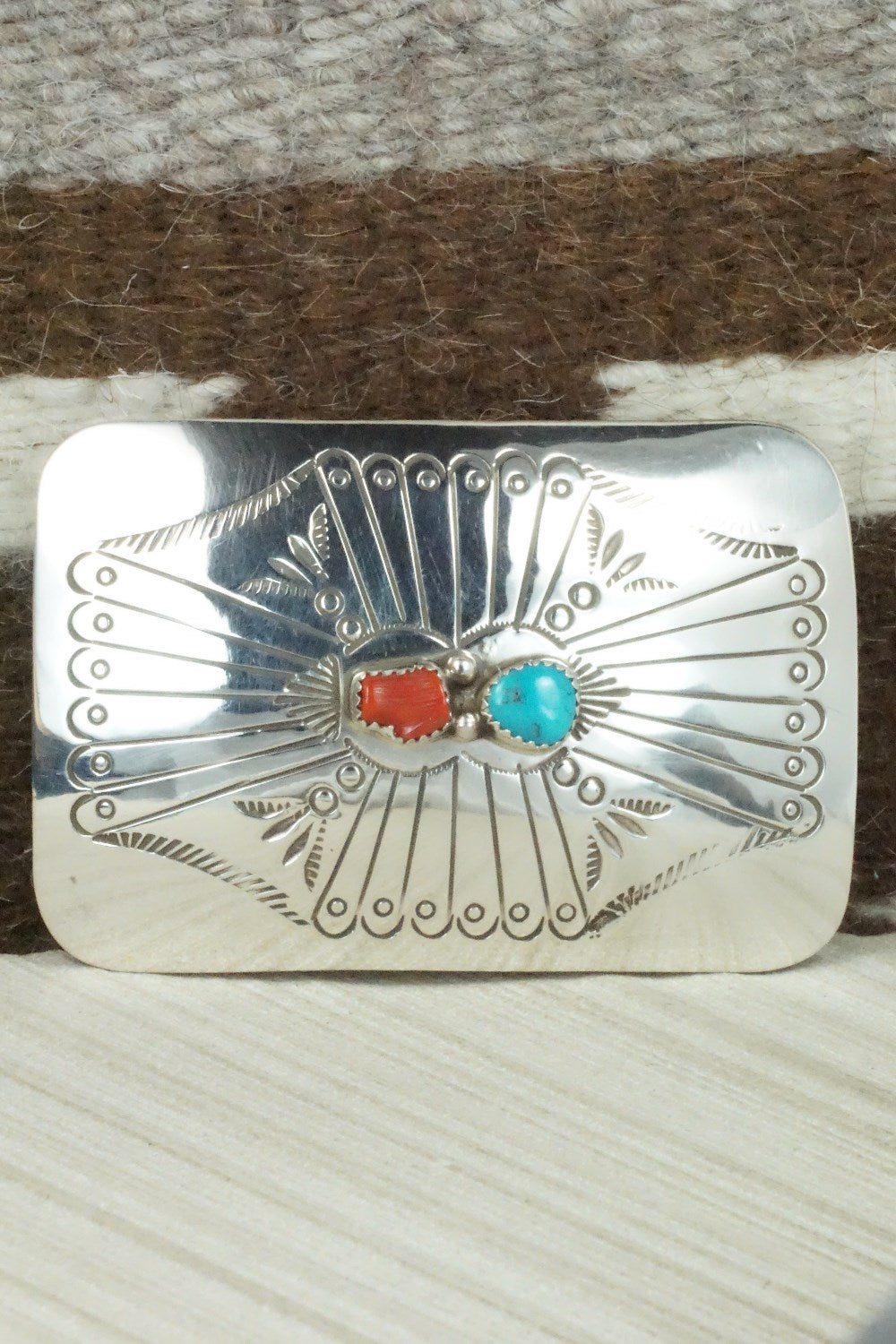 Turquoise, Coral and Sterling Silver Belt Buckle - Joann Silver
