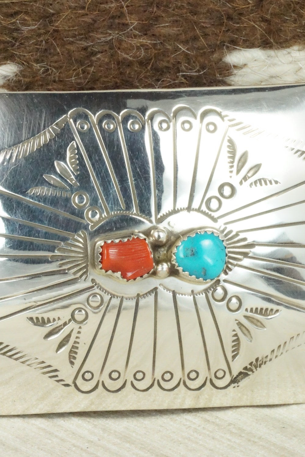Turquoise, Coral and Sterling Silver Belt Buckle - Joann Silver