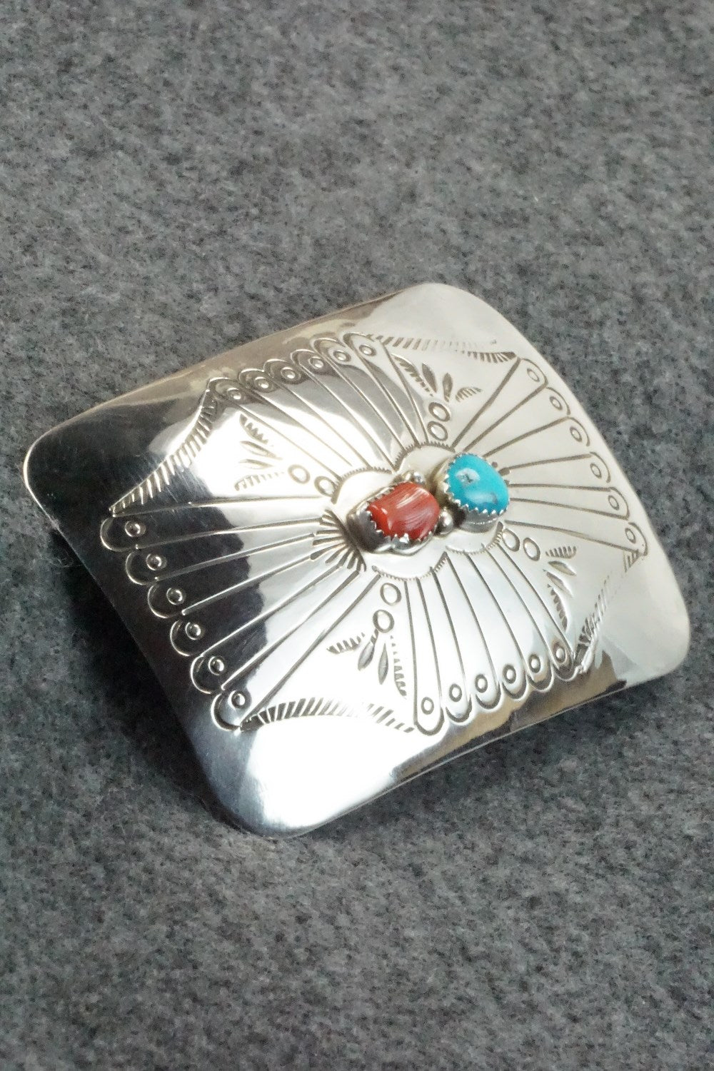 Turquoise, Coral and Sterling Silver Belt Buckle - Joann Silver