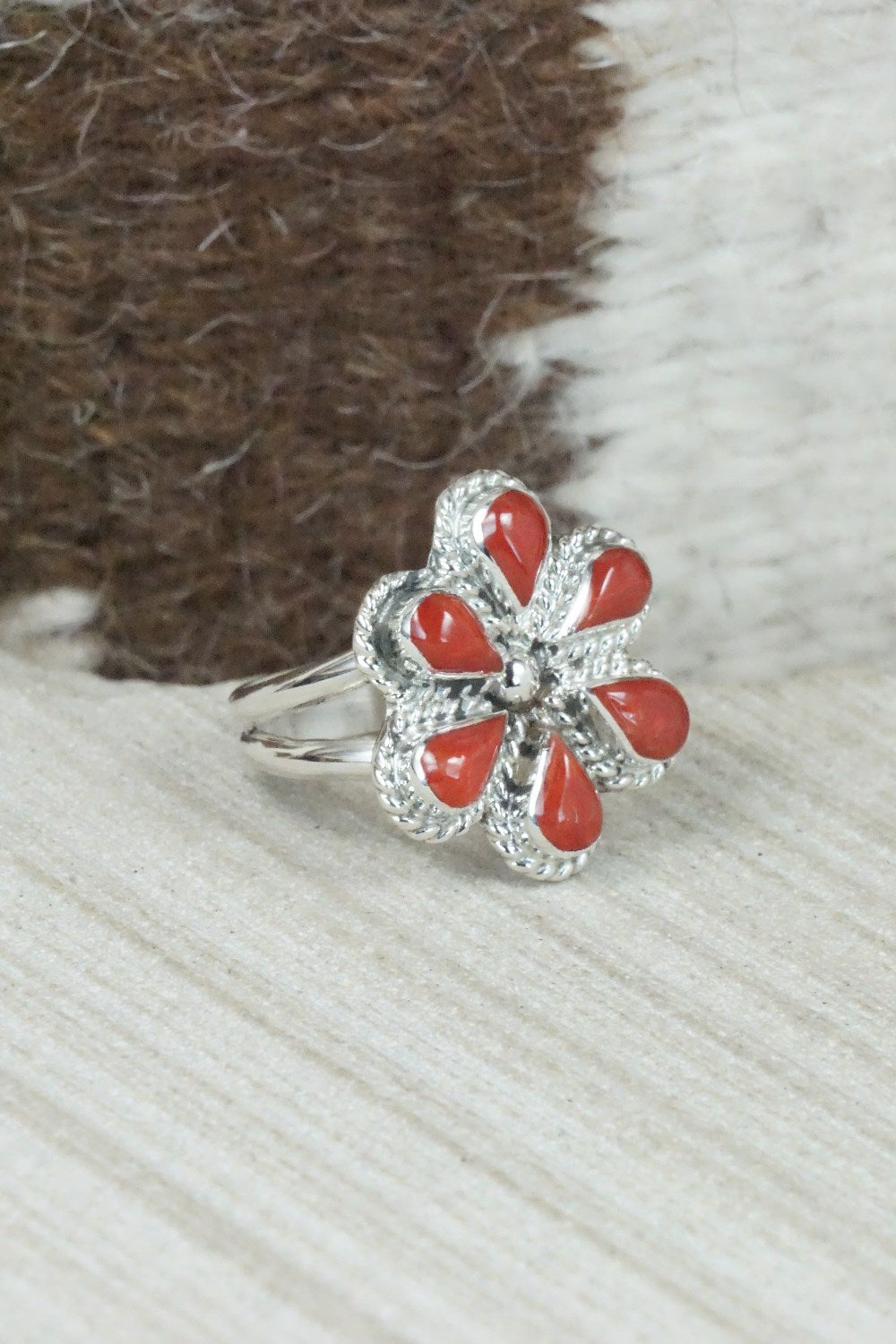 Coral & Sterling Silver Ring - Gina Dosedo - Size 6.75