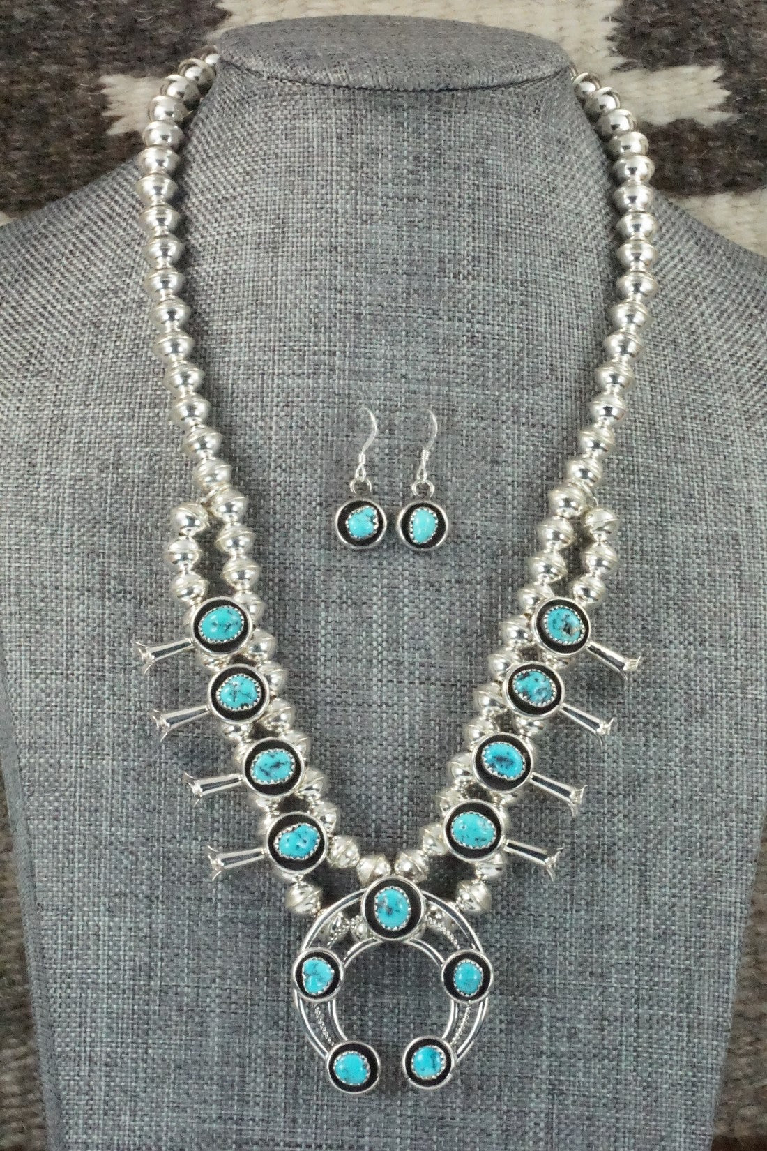 Turquoise & Sterling Silver Squash Blossom Necklace & Earrings Set - Phil Garcia