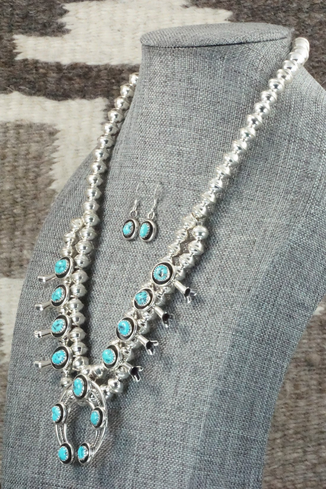 Turquoise & Sterling Silver Squash Blossom Necklace & Earrings Set - Phil Garcia