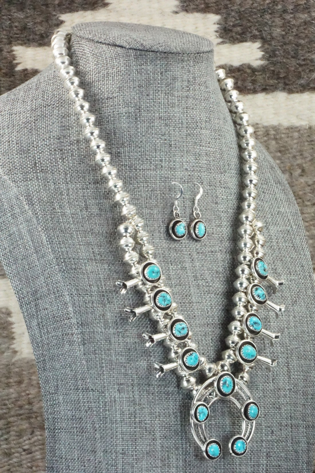 Turquoise & Sterling Silver Squash Blossom Necklace & Earrings Set - Phil Garcia