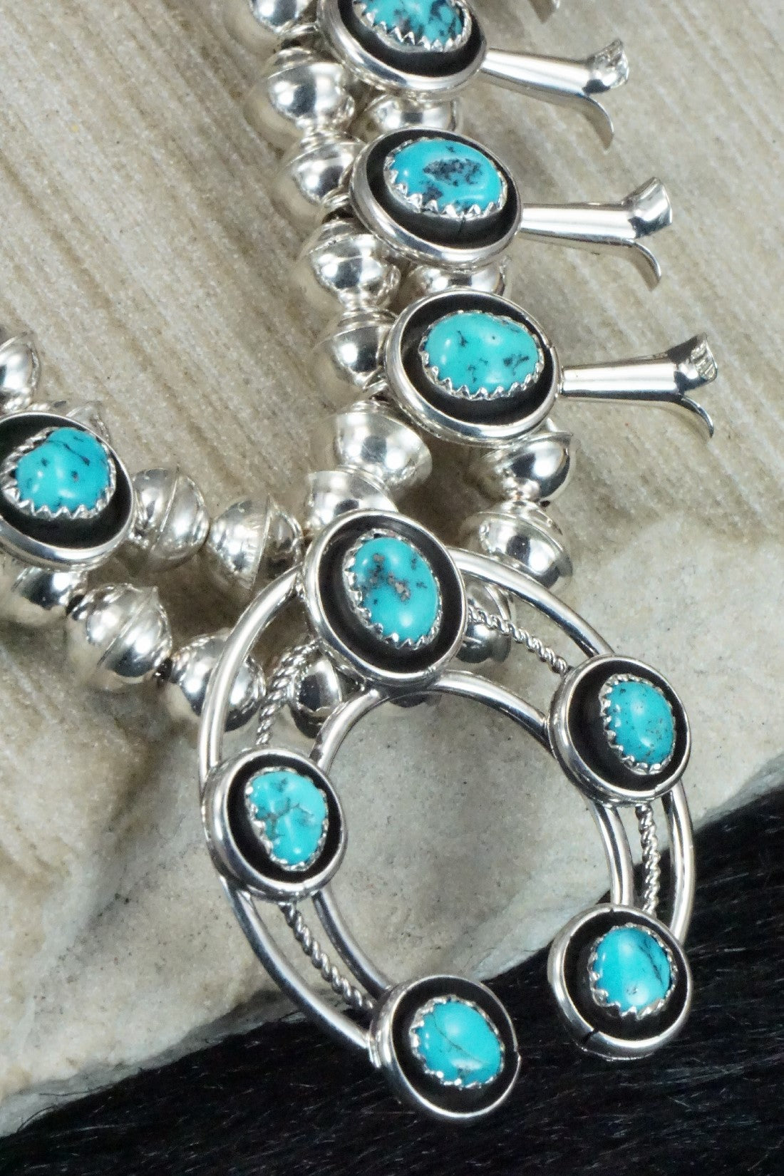 Turquoise & Sterling Silver Squash Blossom Necklace & Earrings Set - Phil Garcia
