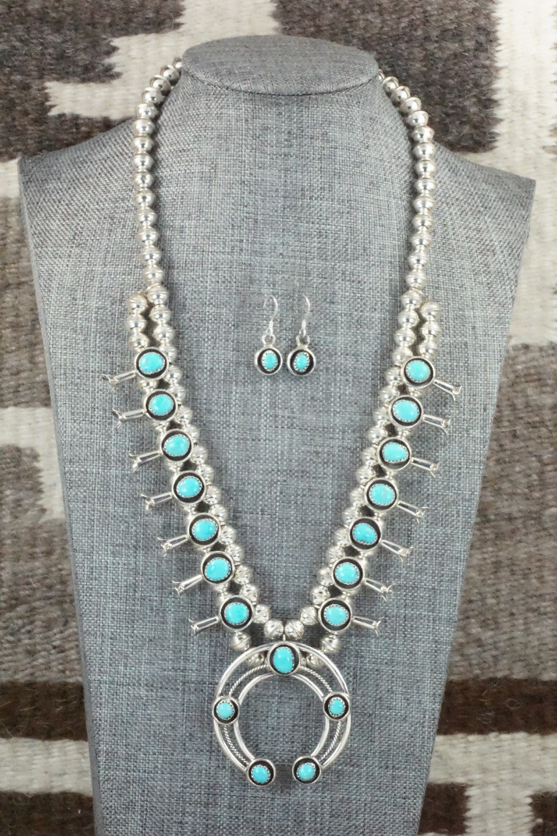 Turquoise & Sterling Silver Squash Blossom Necklace & Earrings Set - Phil Garcia