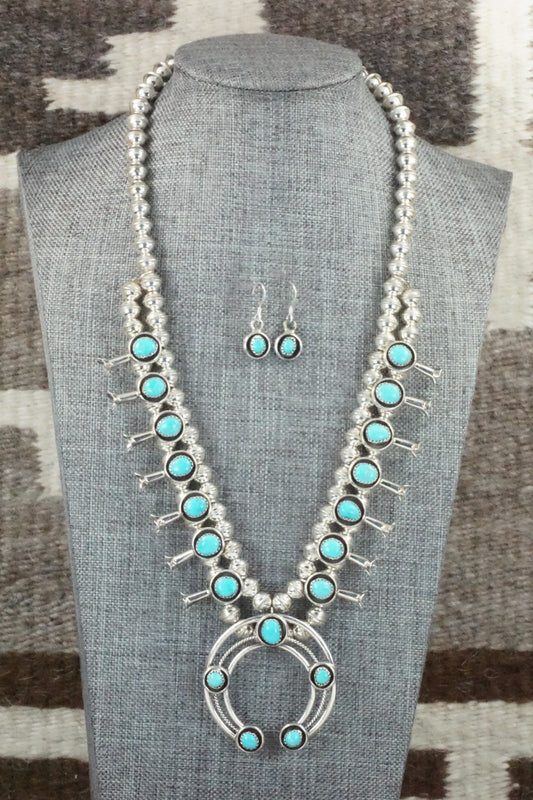 Turquoise & Sterling Silver Squash Blossom Necklace & Earrings Set - Phil Garcia