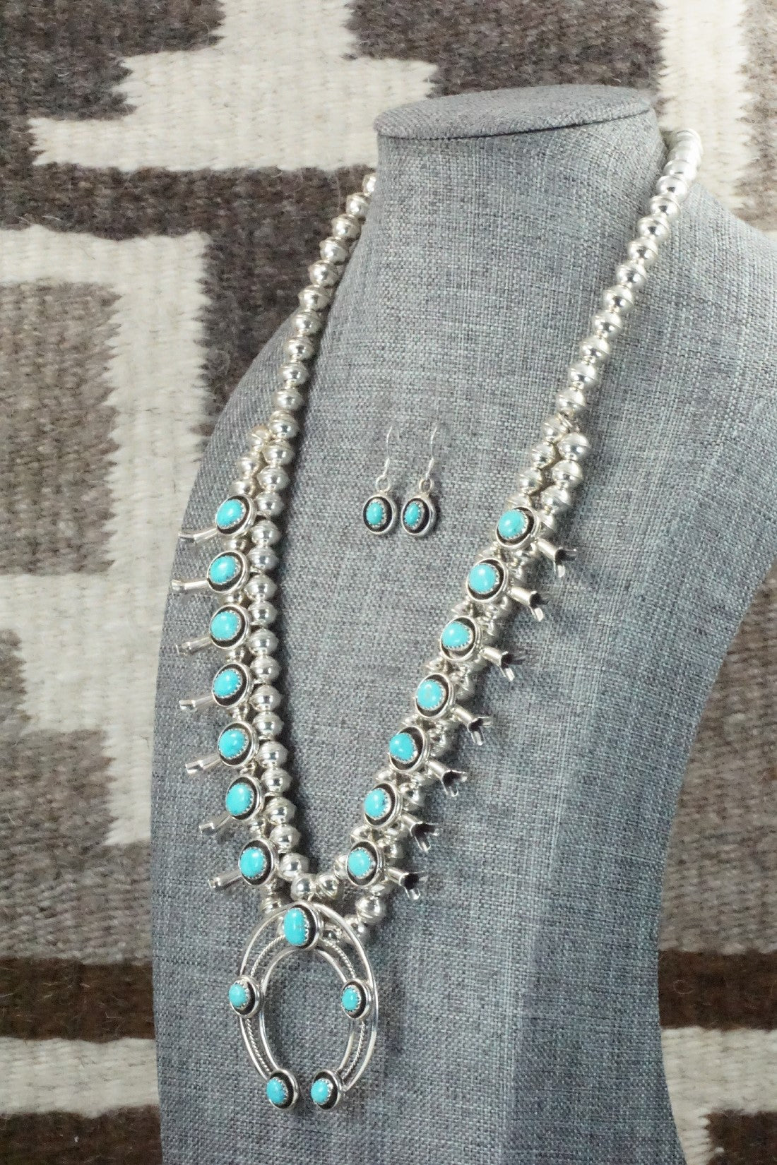 Turquoise & Sterling Silver Squash Blossom Necklace & Earrings Set - Phil Garcia