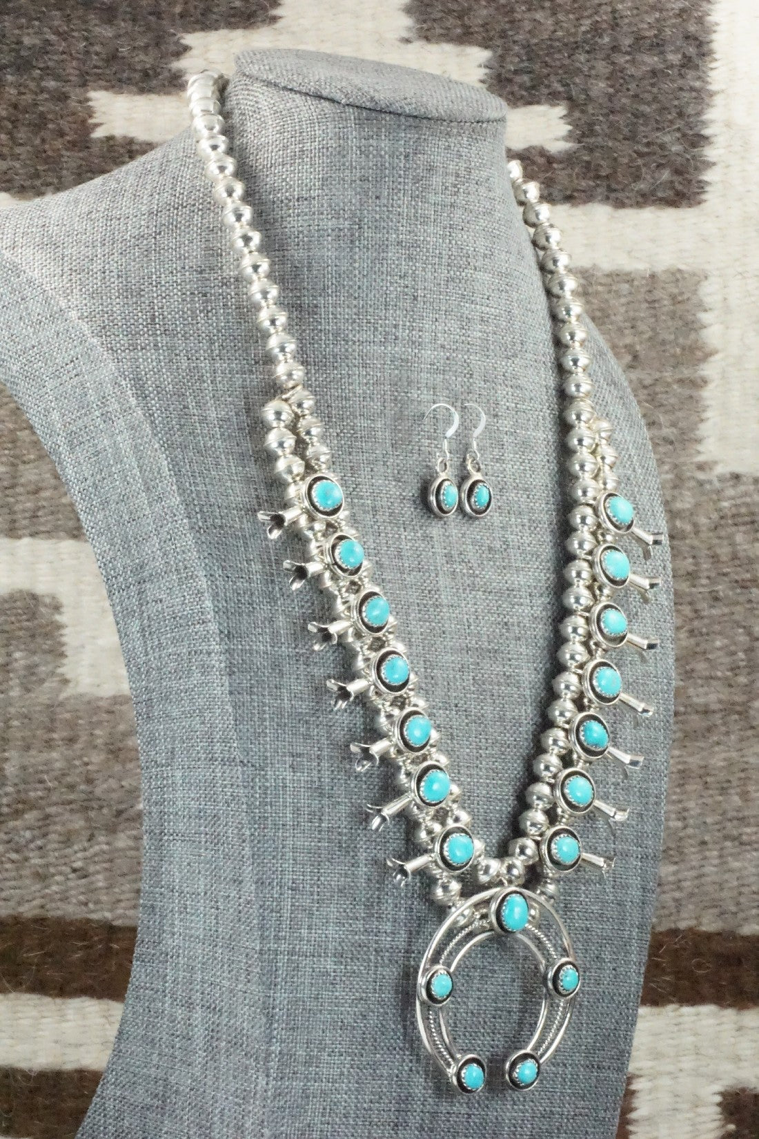 Turquoise & Sterling Silver Squash Blossom Necklace & Earrings Set - Phil Garcia