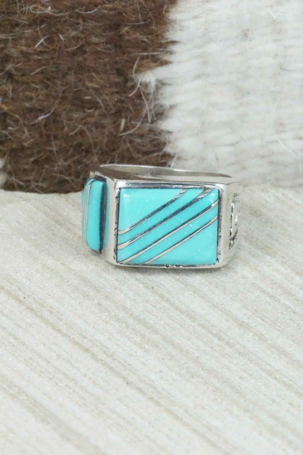 Turquoise & Sterling Silver Inlay Ring - Leslie & Gladys Lamy - Size 10.5