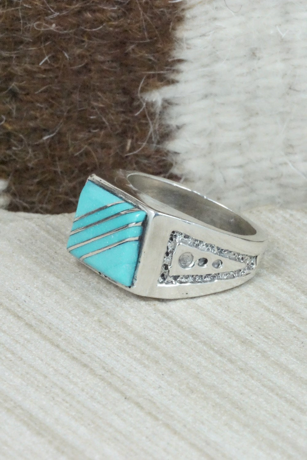 Turquoise & Sterling Silver Inlay Ring - Leslie & Gladys Lamy - Size 10.5