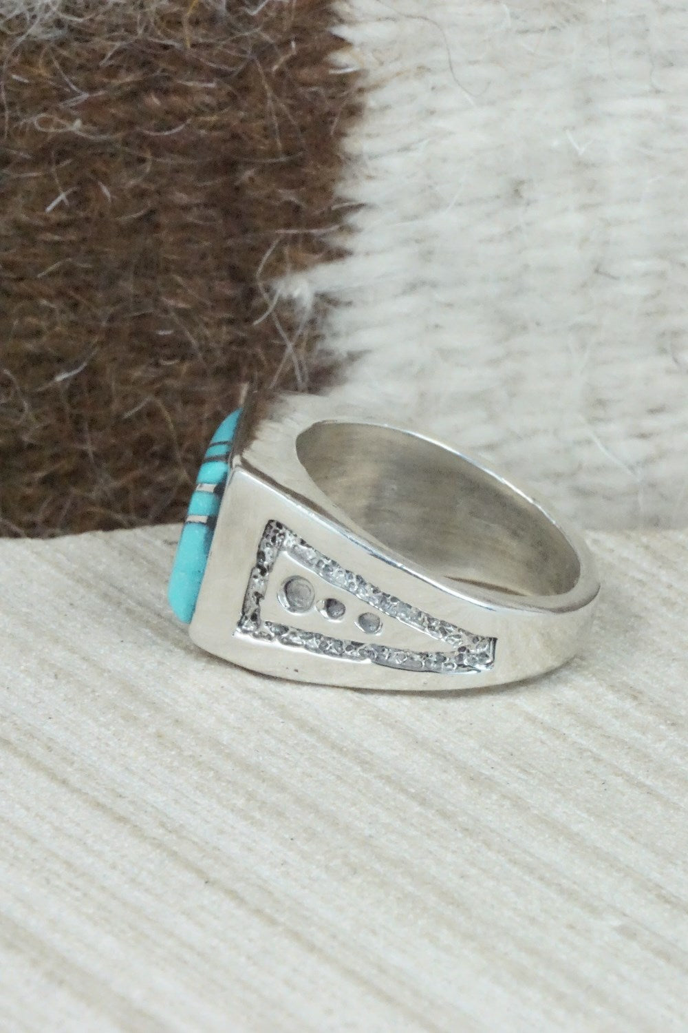 Turquoise & Sterling Silver Inlay Ring - Leslie & Gladys Lamy - Size 10.5