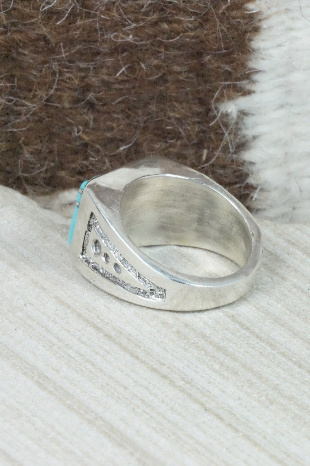 Turquoise & Sterling Silver Inlay Ring - Leslie & Gladys Lamy - Size 10.5