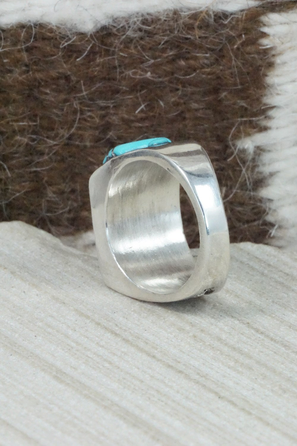 Turquoise & Sterling Silver Inlay Ring - Leslie & Gladys Lamy - Size 10.5