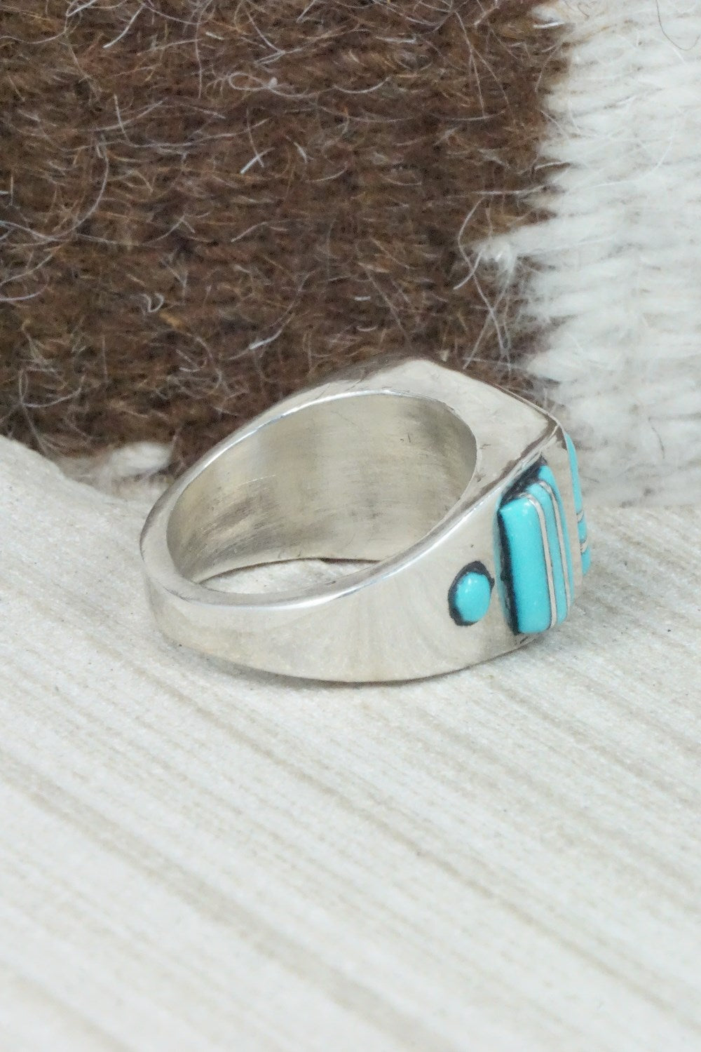 Turquoise & Sterling Silver Inlay Ring - Leslie & Gladys Lamy - Size 10.5