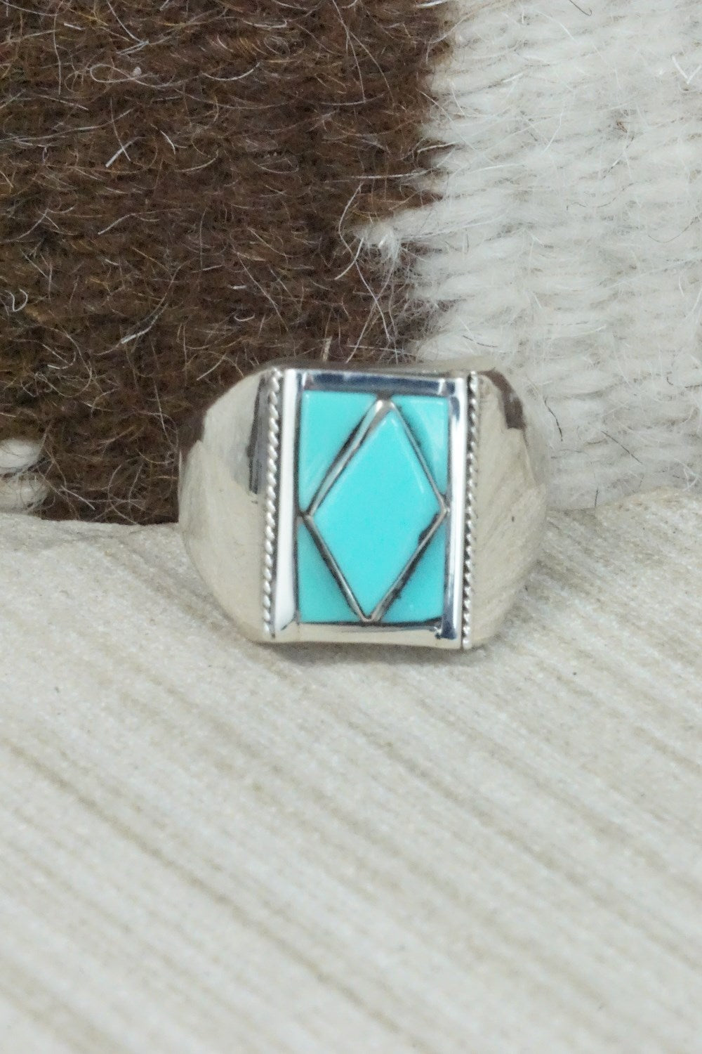 Turquoise & Sterling Silver Inlay Ring - Leslie & Gladys Lamy - Size 10.75
