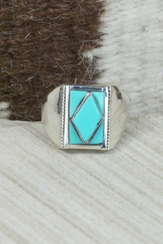 Turquoise & Sterling Silver Inlay Ring - Leslie & Gladys Lamy - Size 10.75