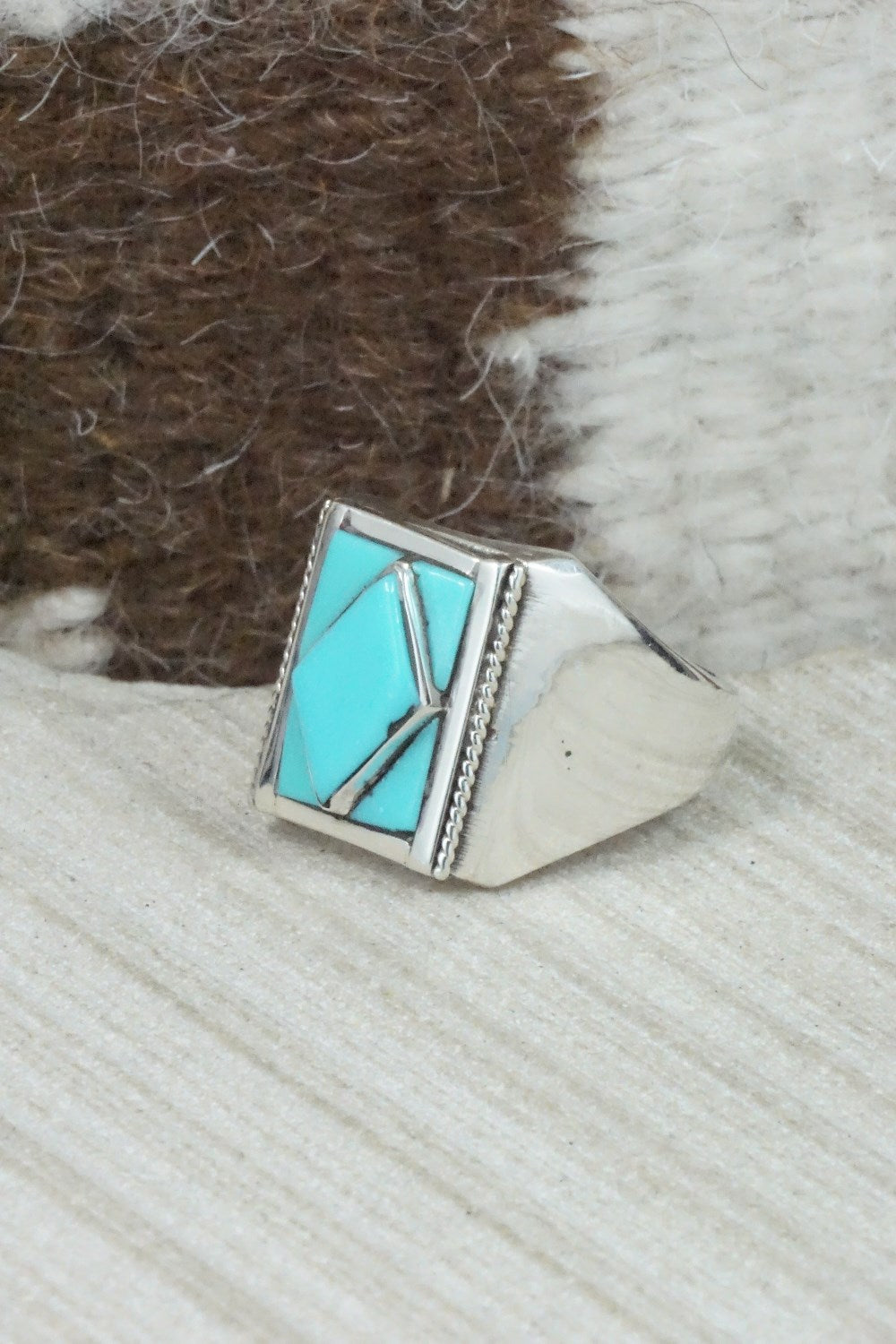 Turquoise & Sterling Silver Inlay Ring - Leslie & Gladys Lamy - Size 10.75