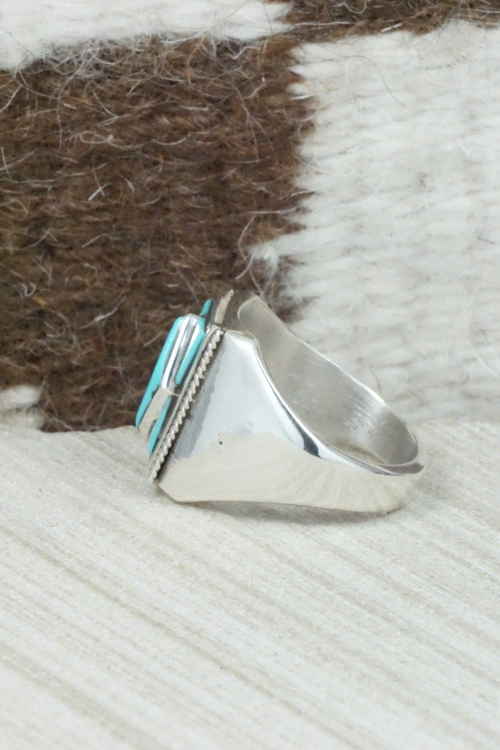 Turquoise & Sterling Silver Inlay Ring - Leslie & Gladys Lamy - Size 10.75