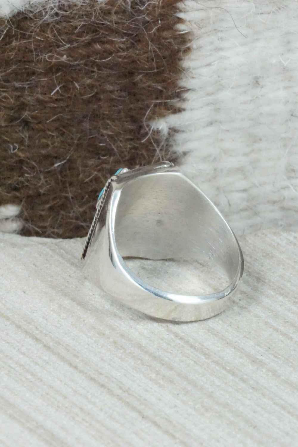 Turquoise & Sterling Silver Inlay Ring - Leslie & Gladys Lamy - Size 10.75