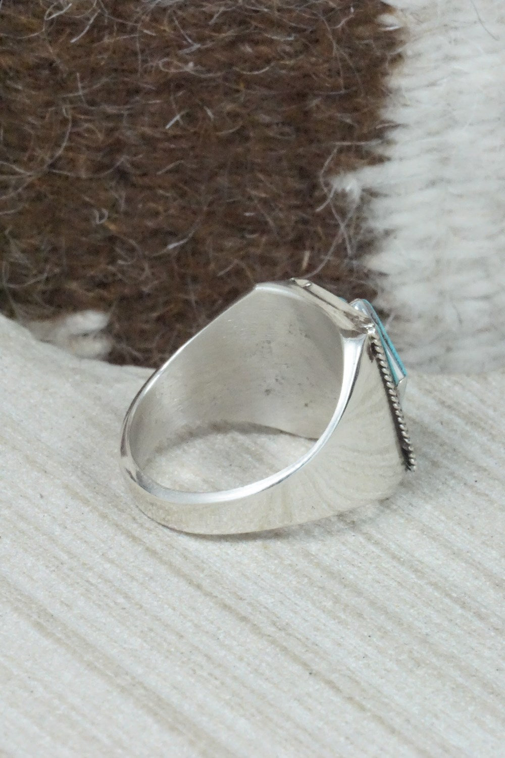 Turquoise & Sterling Silver Inlay Ring - Leslie & Gladys Lamy - Size 10.75