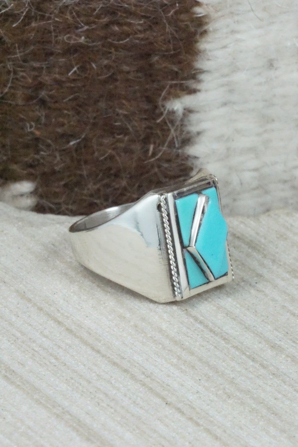 Turquoise & Sterling Silver Inlay Ring - Leslie & Gladys Lamy - Size 10.75