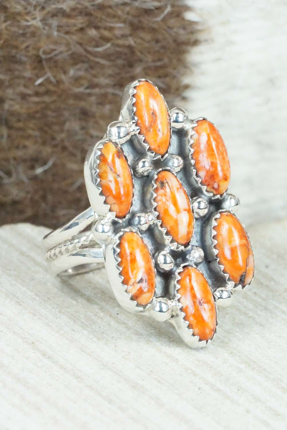 Spiny Oyster & Sterling Silver Ring - Roberts Begay - Size 9.25
