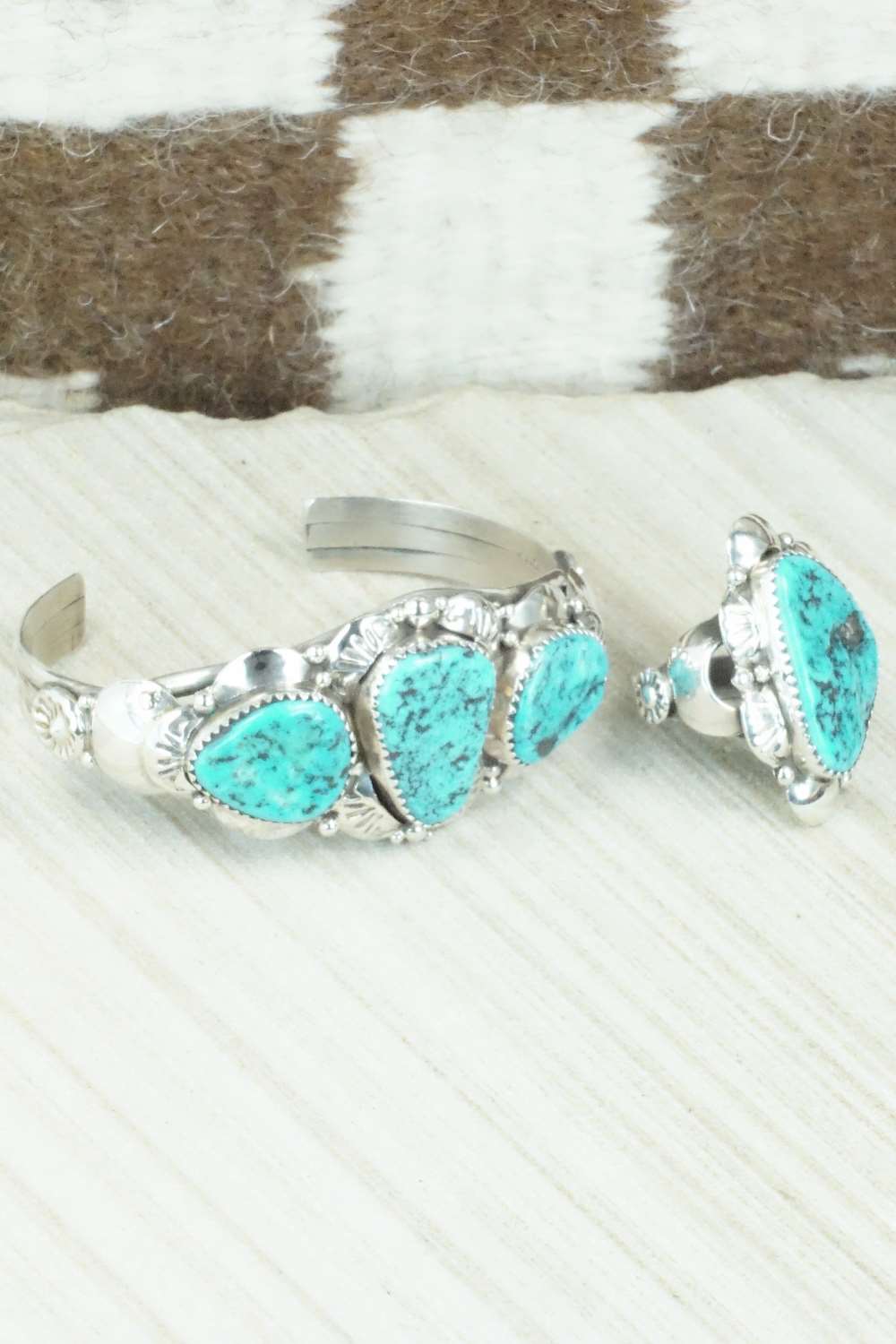 Turquoise and Sterling Silver Bracelet & Ring Set - Clem Nalwood - Size 7
