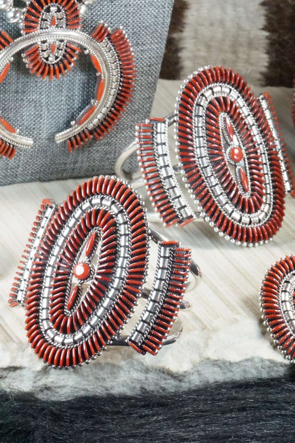 Coral & Sterling Silver Squash Blossom Necklace Set - Edmund Cooeyate
