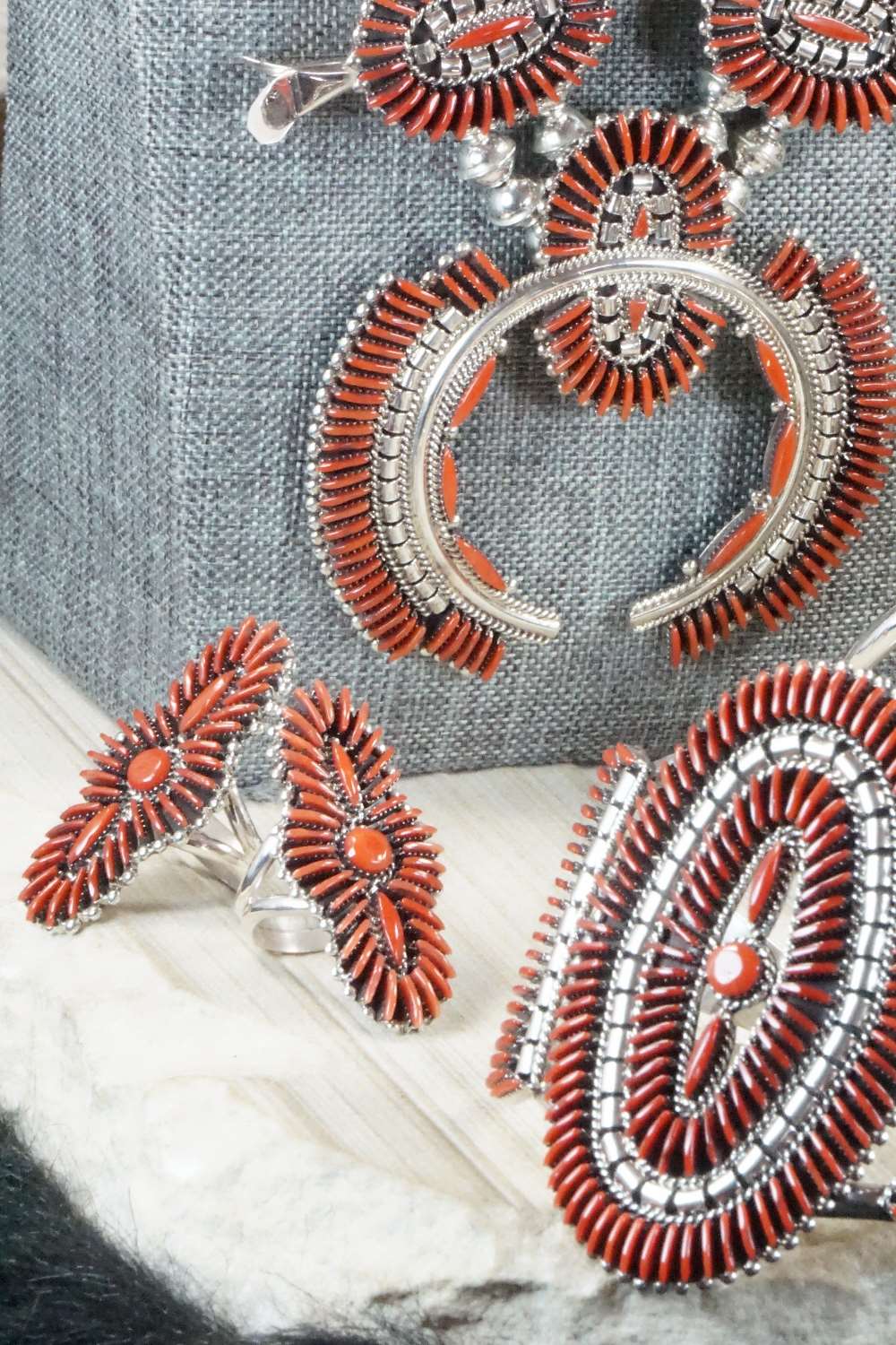 Coral & Sterling Silver Squash Blossom Necklace Set - Edmund Cooeyate