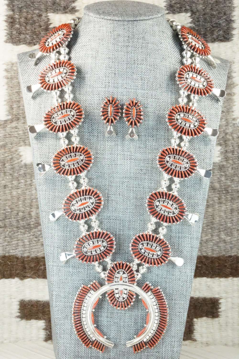 Coral & Sterling Silver Squash Blossom Necklace Set - Edmund Cooeyate