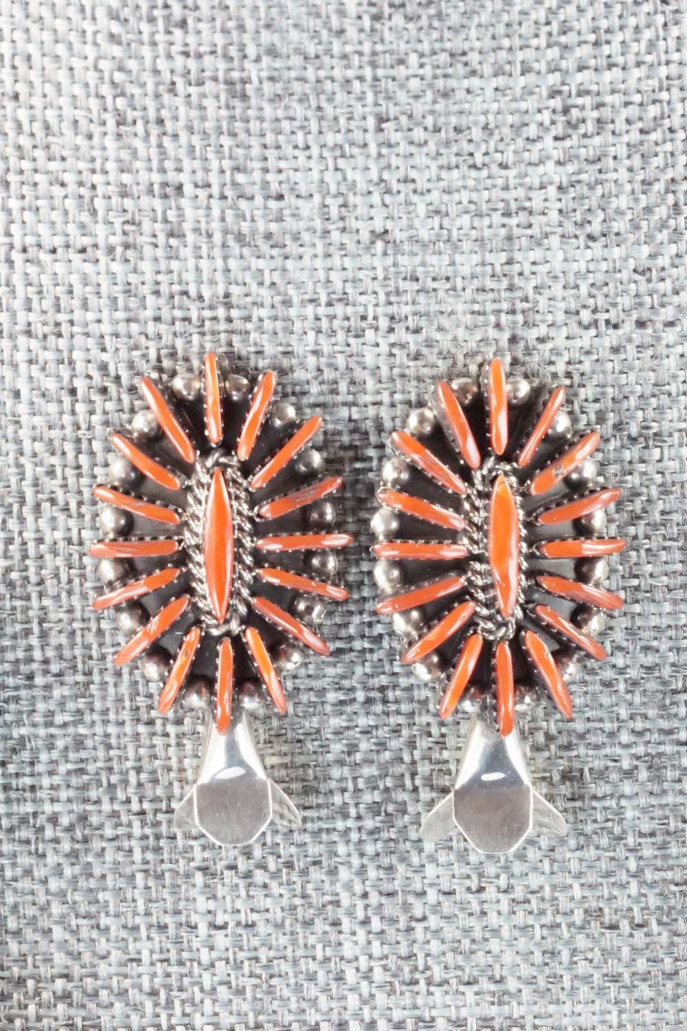 Coral & Sterling Silver Squash Blossom Necklace Set - Edmund Cooeyate