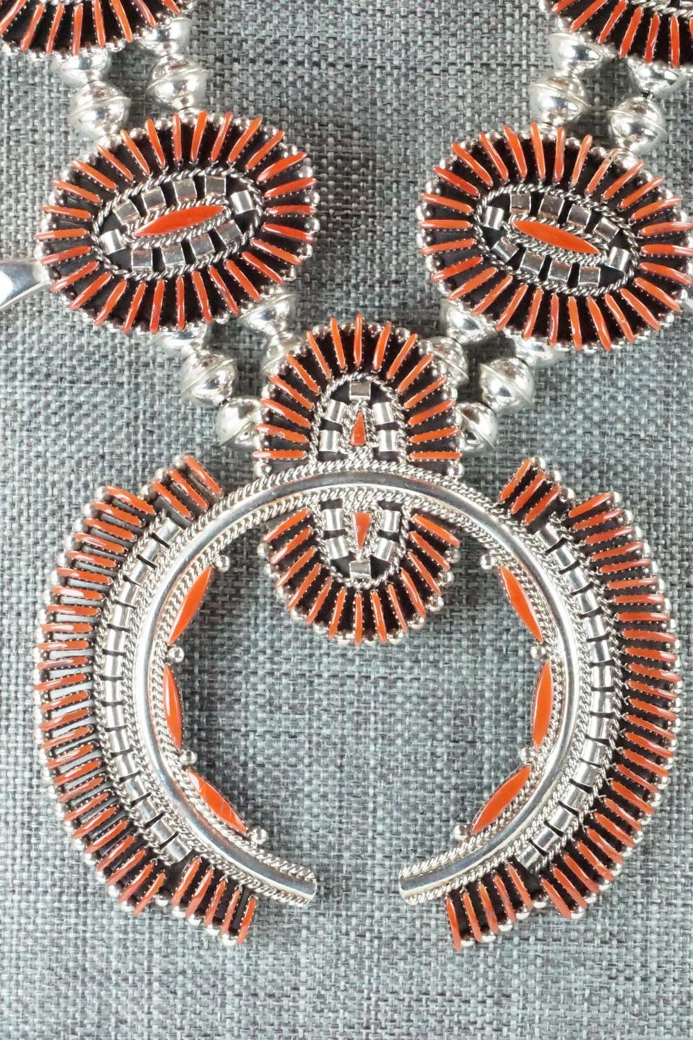 Coral & Sterling Silver Squash Blossom Necklace Set - Edmund Cooeyate