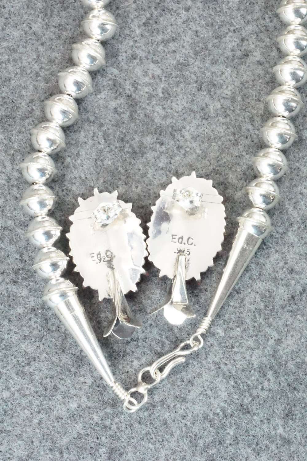 Coral & Sterling Silver Squash Blossom Necklace Set - Edmund Cooeyate