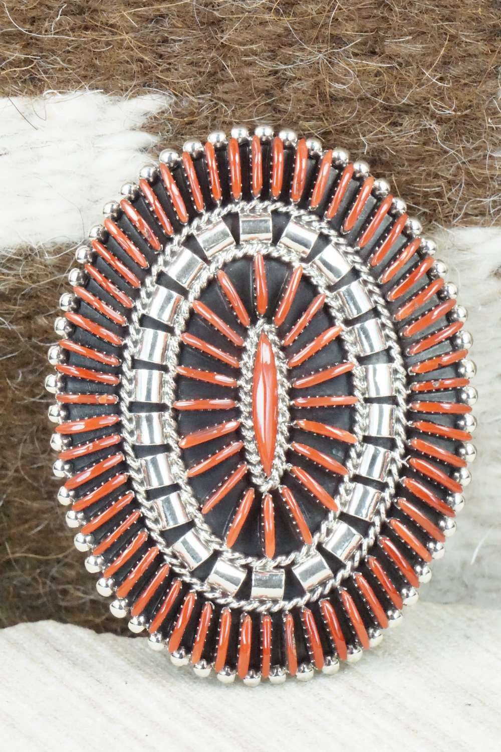 Coral & Sterling Silver Squash Blossom Necklace Set - Edmund Cooeyate