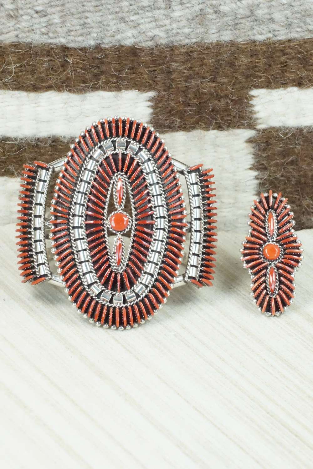 Coral & Sterling Silver Squash Blossom Necklace Set - Edmund Cooeyate