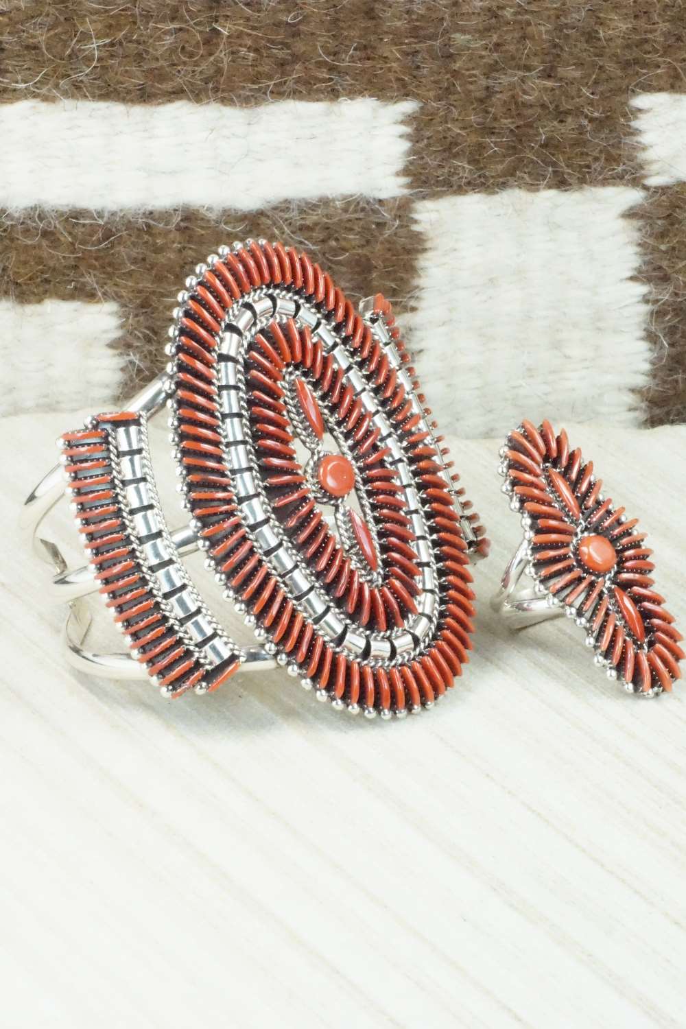Coral & Sterling Silver Squash Blossom Necklace Set - Edmund Cooeyate