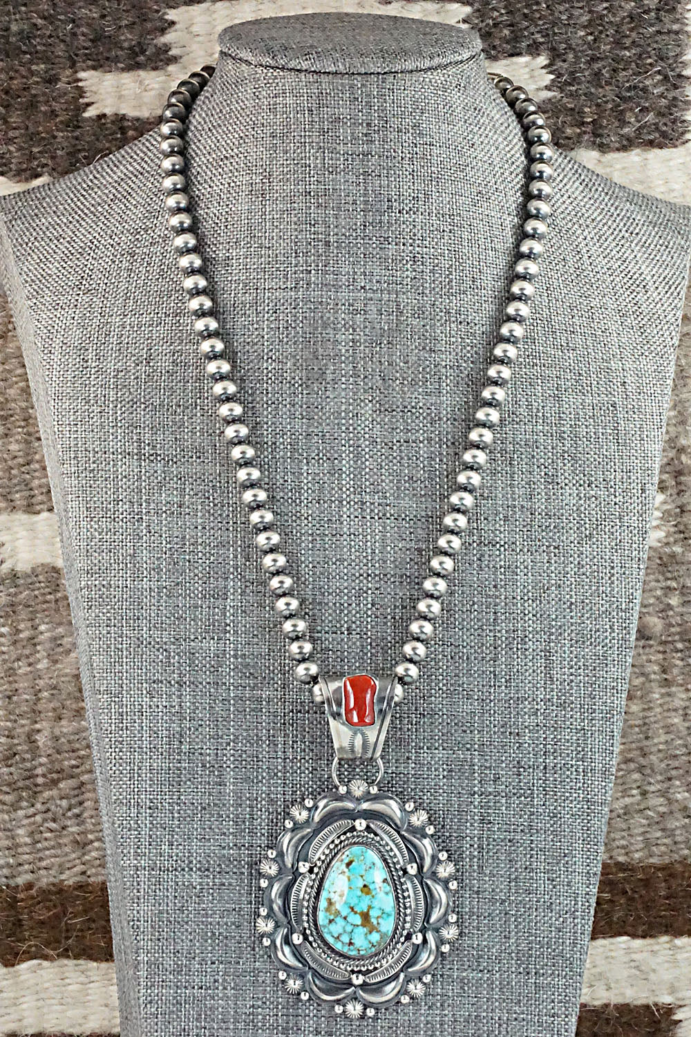 Turquoise, Coral & Sterling Silver Pendant & Necklace - Tom Lewis