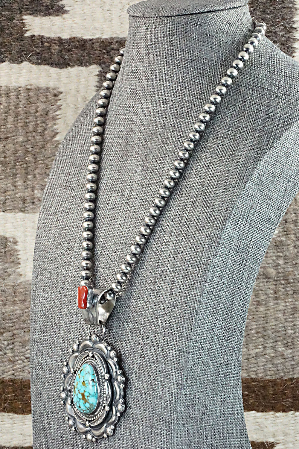 Turquoise, Coral & Sterling Silver Pendant & Necklace - Tom Lewis