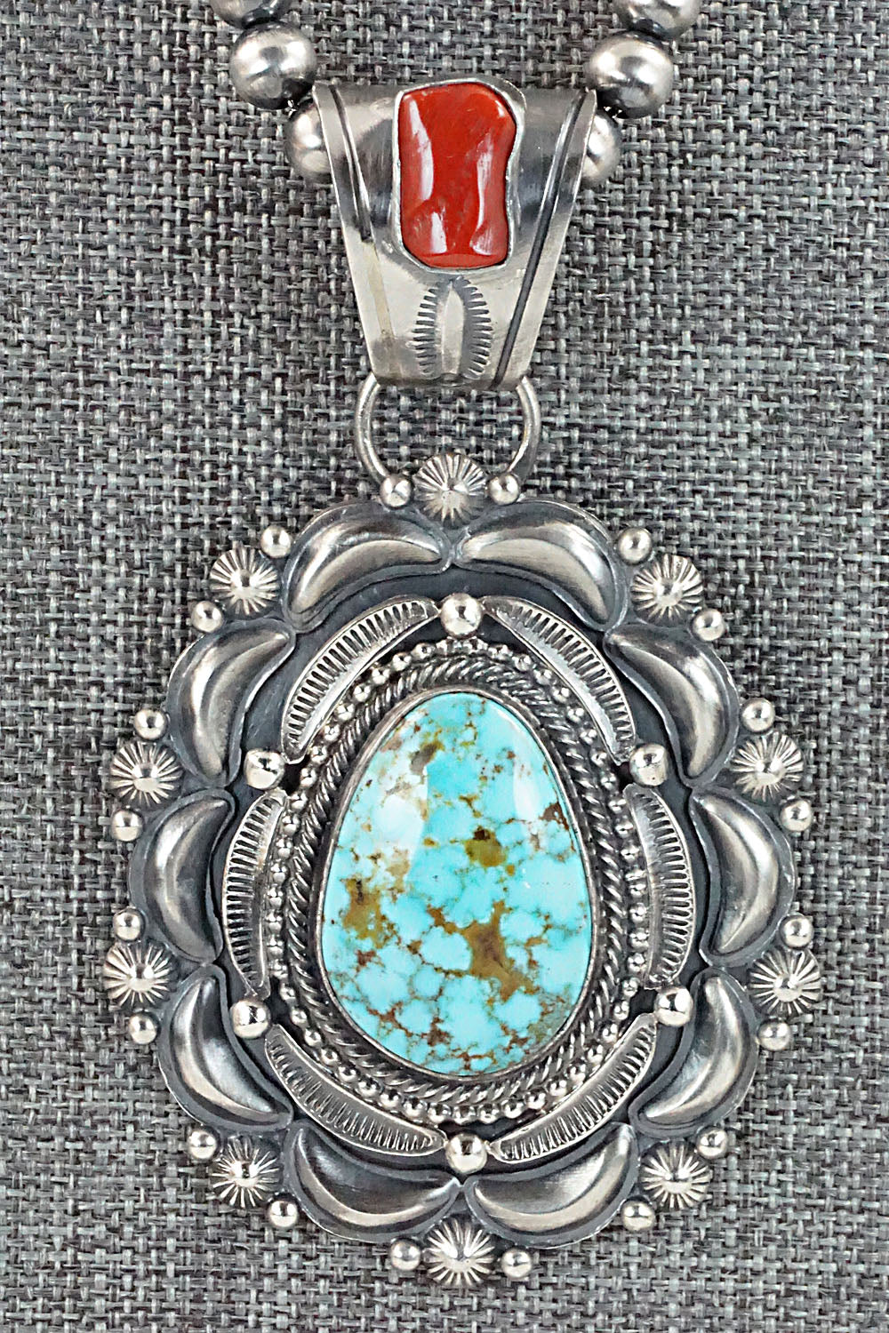 Turquoise, Coral & Sterling Silver Pendant & Necklace - Tom Lewis