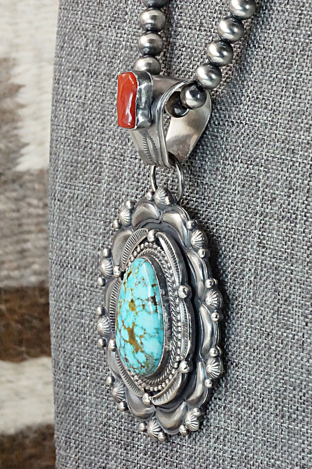 Turquoise, Coral & Sterling Silver Pendant & Necklace - Tom Lewis