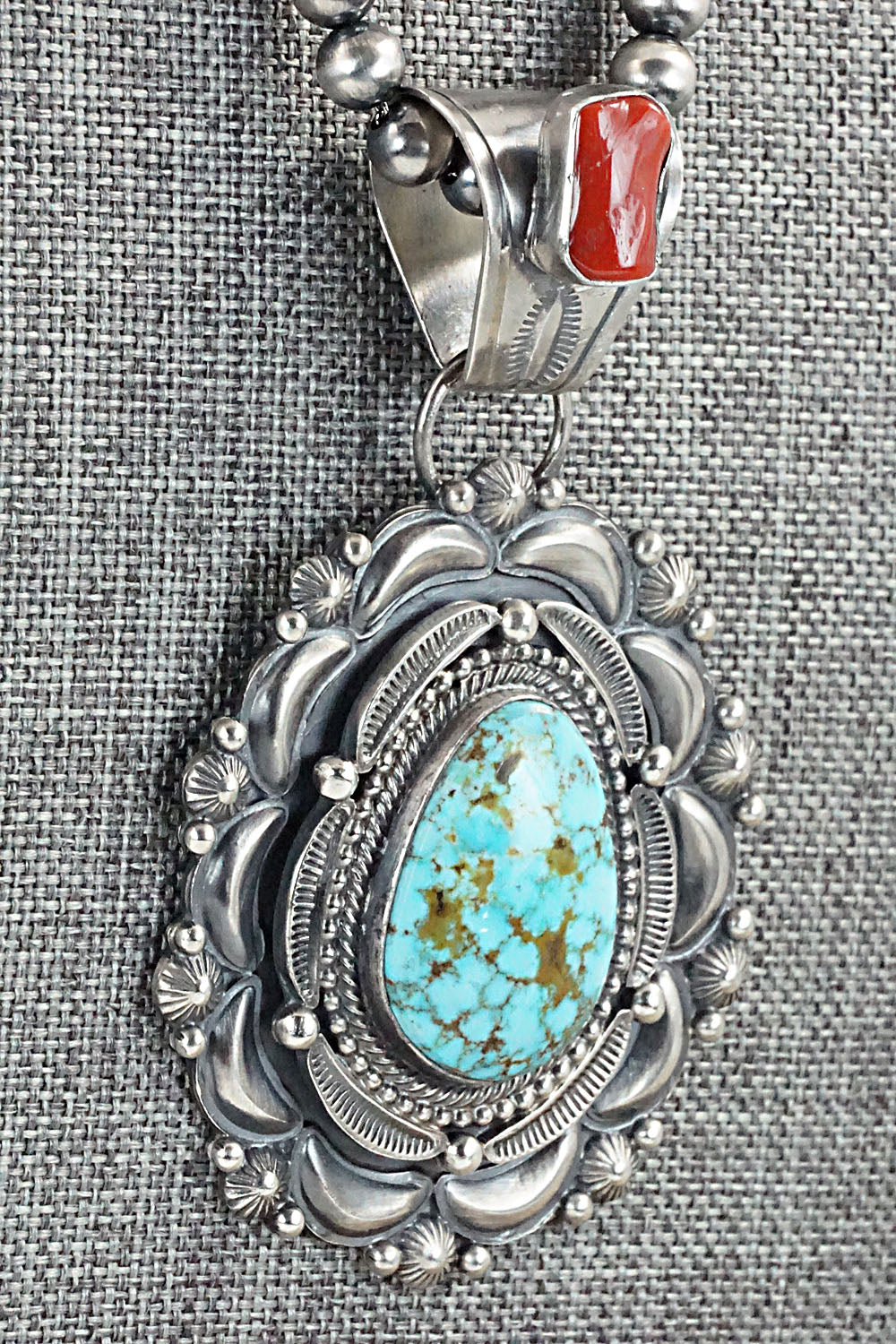 Turquoise, Coral & Sterling Silver Pendant & Necklace - Tom Lewis