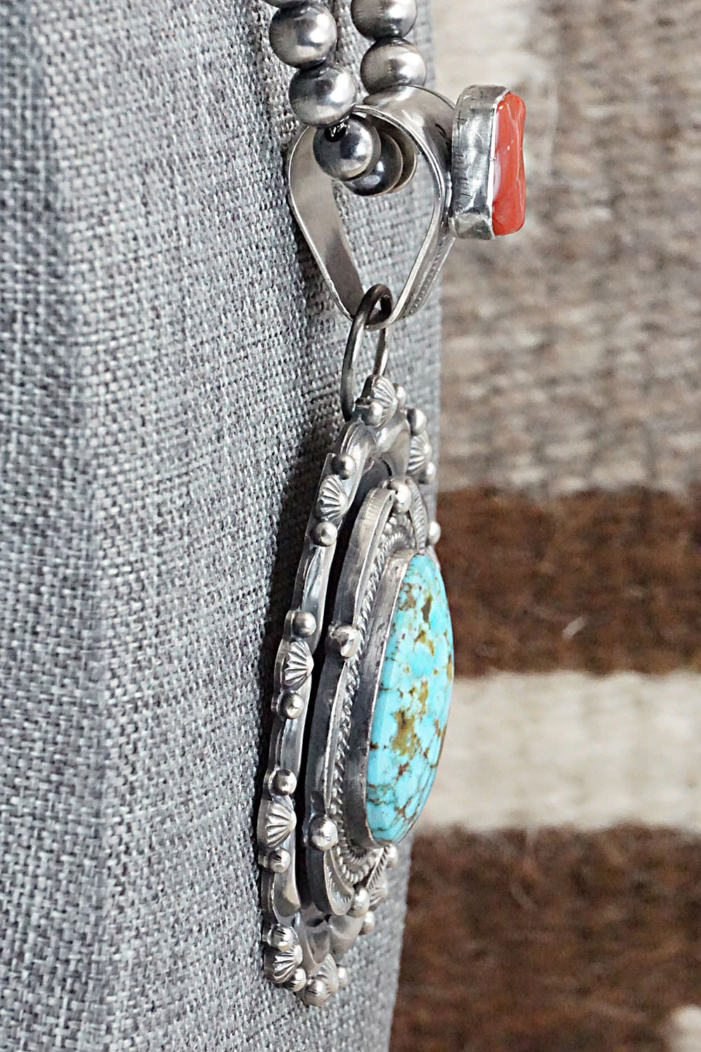 Turquoise, Coral & Sterling Silver Pendant & Necklace - Tom Lewis