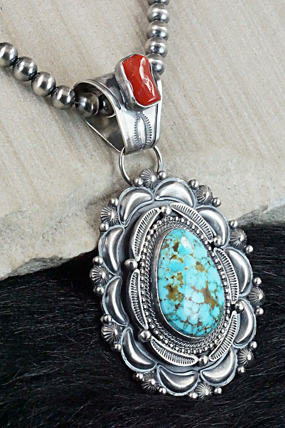 Turquoise, Coral & Sterling Silver Pendant & Necklace - Tom Lewis