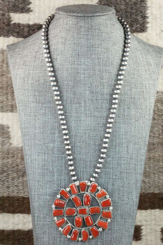 Coral & Sterling Silver Pearl Necklace - Raymond Delgarito