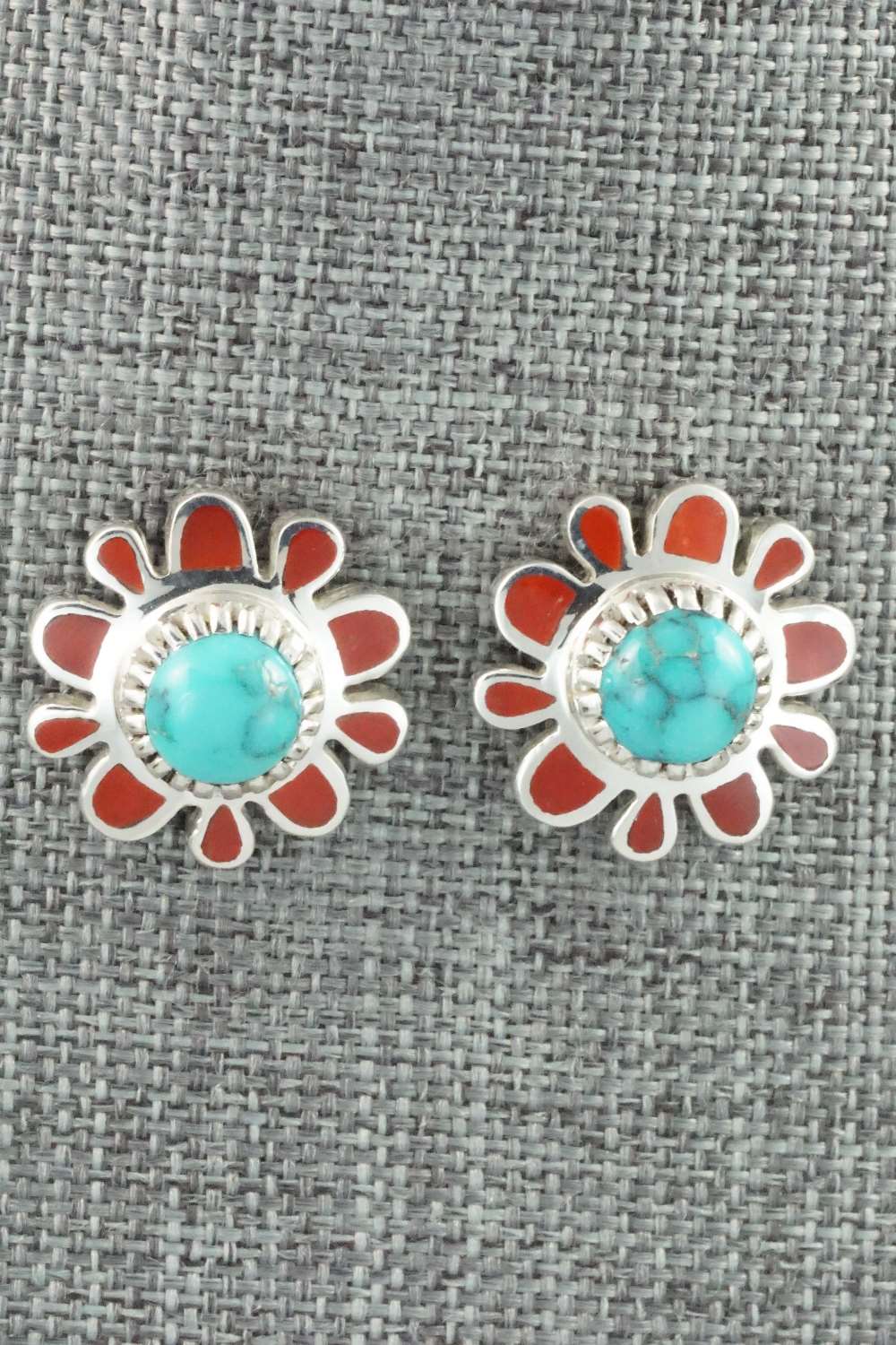 Turquoise, Coral & Sterling Silver Earrings - Vernon Haskie