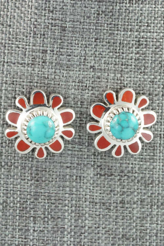 Turquoise, Coral & Sterling Silver Earrings - Vernon Haskie