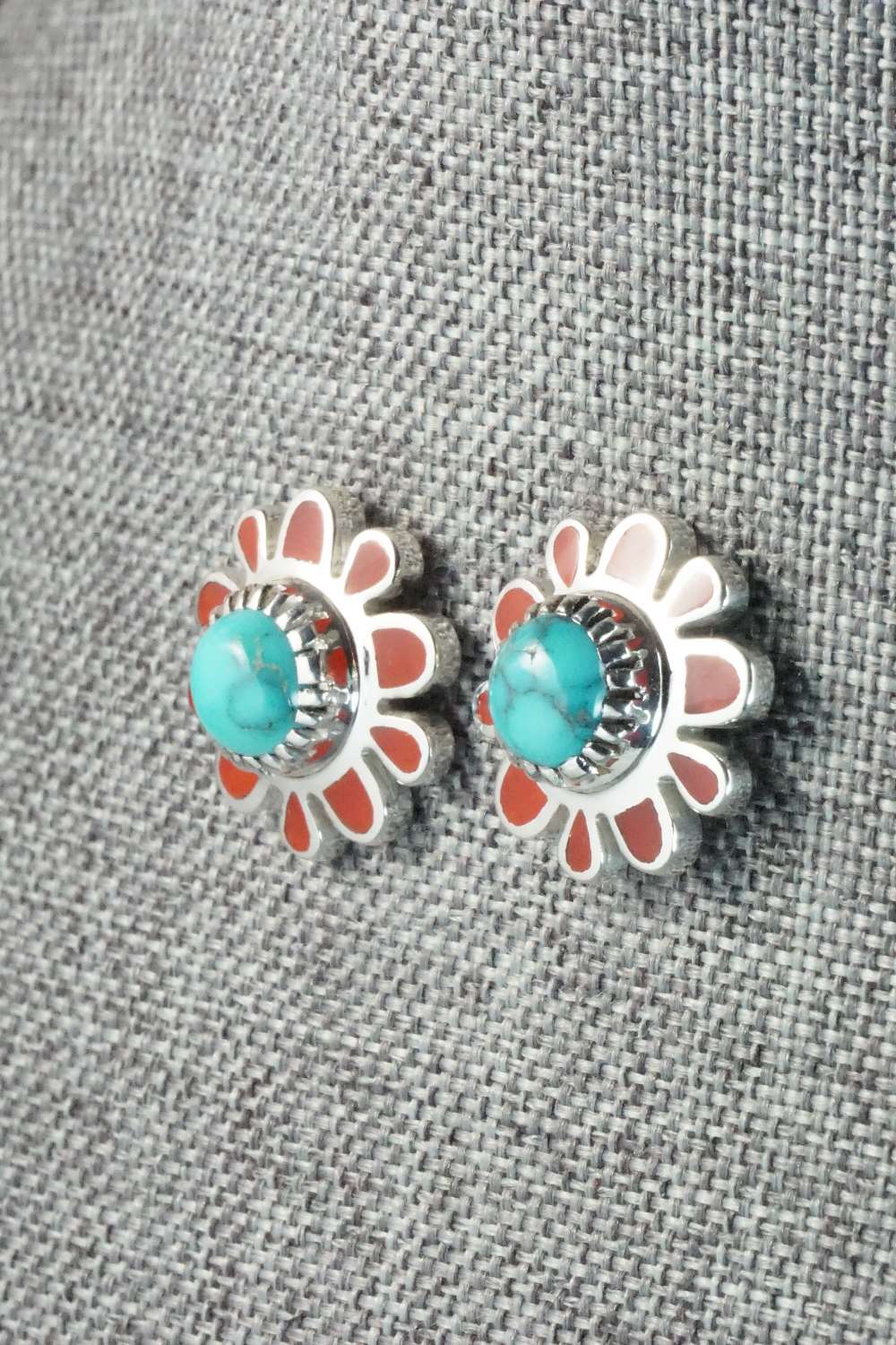 Turquoise, Coral & Sterling Silver Earrings - Vernon Haskie