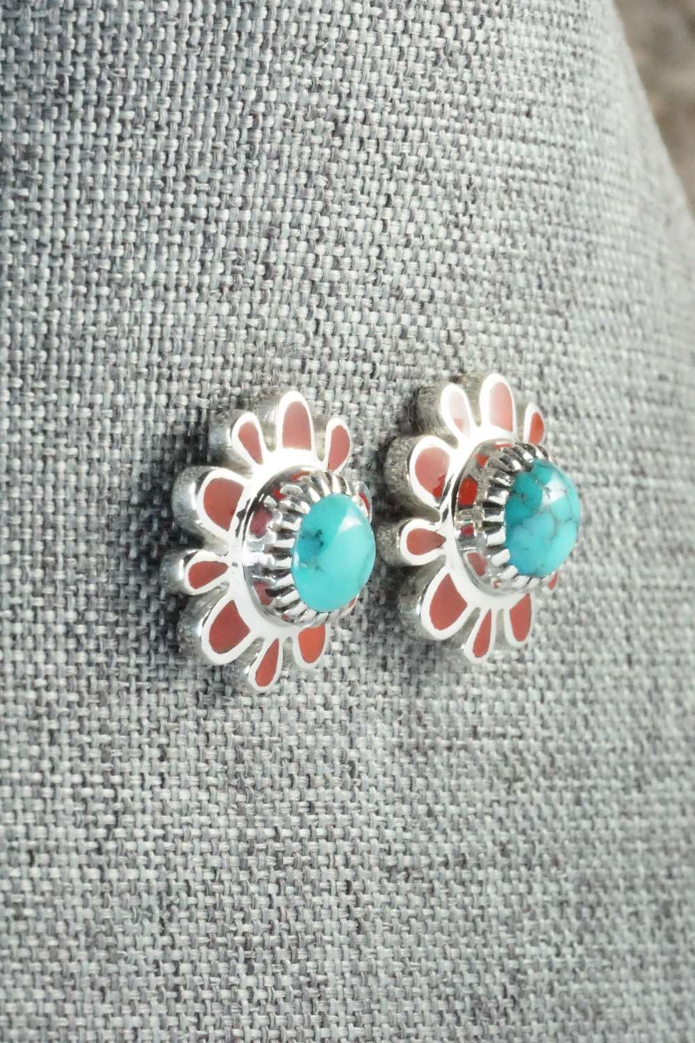 Turquoise, Coral & Sterling Silver Earrings - Vernon Haskie