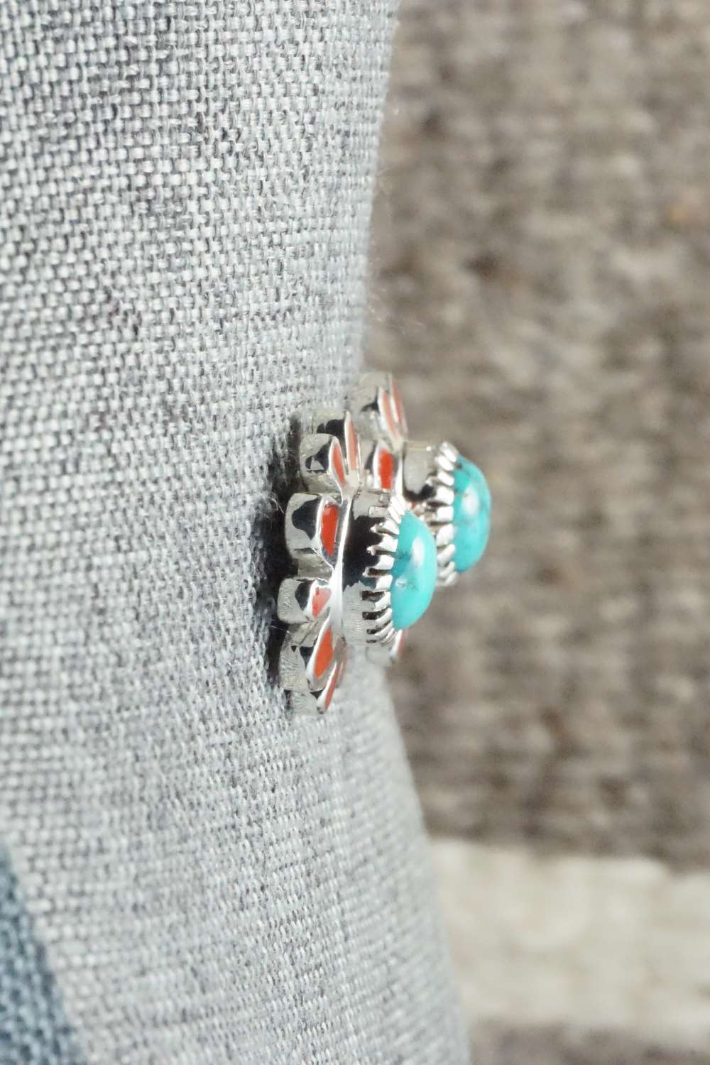 Turquoise, Coral & Sterling Silver Earrings - Vernon Haskie
